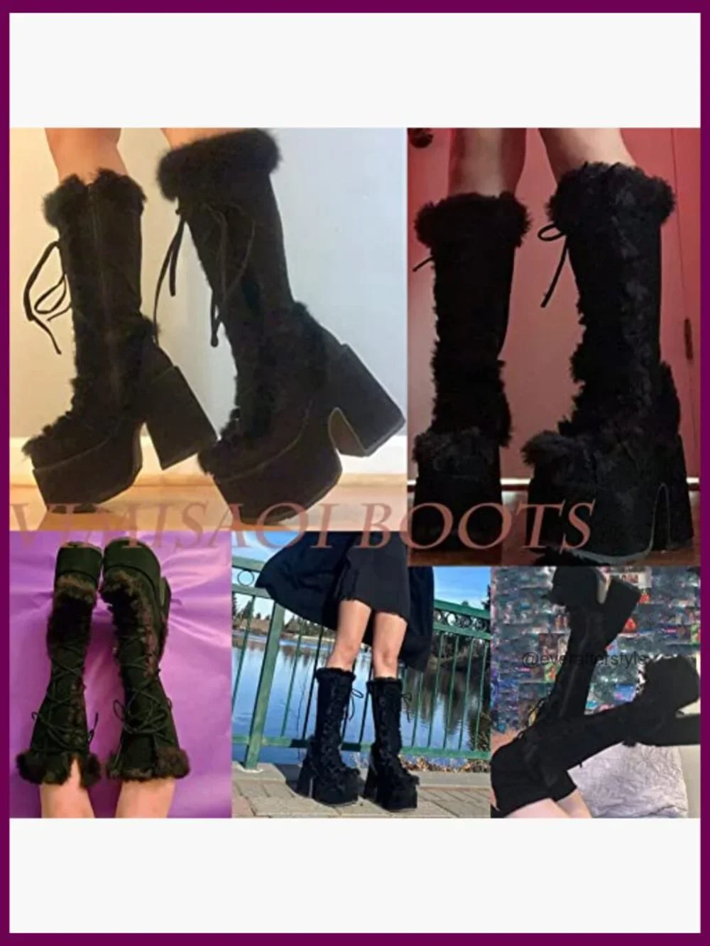 Mid Calf Lace Up Zip Chunky High Heel Punk Goth Platform Snow Boots